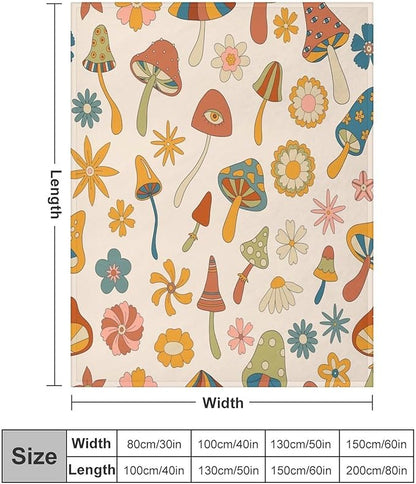 70s Mushroom Throw Blanket, Retro 60s Groovy Mushroom Boho Hippie Flowers Print Blanket for Kids Baby Bedroom Sofa Holiday Decor 50"x60"
