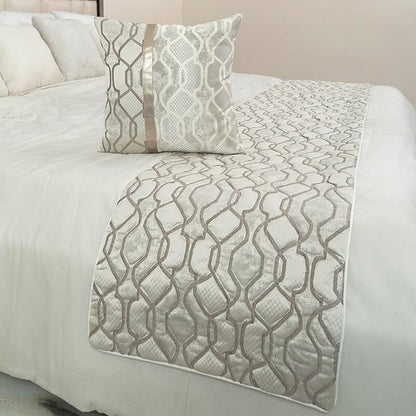The HomeCentric King/Queen/Twin Ivory & Silver Decorative King 90"x18" Bed Runner with Pillow Cover, Lattice & Quilted Bed Scarf on Jacquard Silk Fabric - Ivory Delicacy