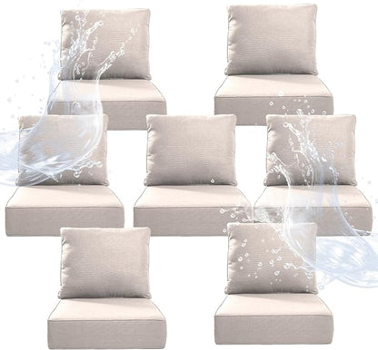6" Thicker Outdoor Chair Cushion 7 Sets - 24" *24" *6" Waterproof Patio Furniture Cushions with Removable Cover, 28D High Density Sponge Filling Thicken Outdoor Patio Cushions - Beige