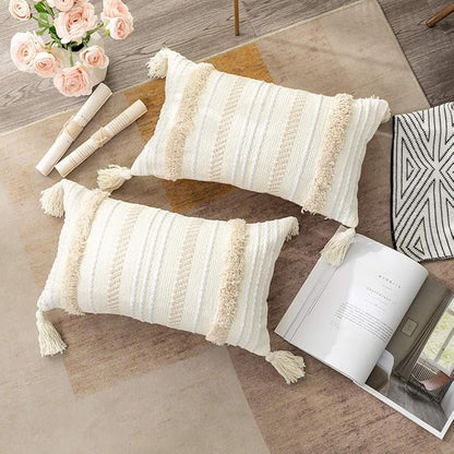 OJIA Lumbar Decorative Boho Throw Pillow Cover, 12 x 20 Farmhouse Cute Pillowcase Minimalist Neutral Collection Cream White Tufted with Tassels Woven Cushion Cover for Sofa Couch Bedroom Living Room