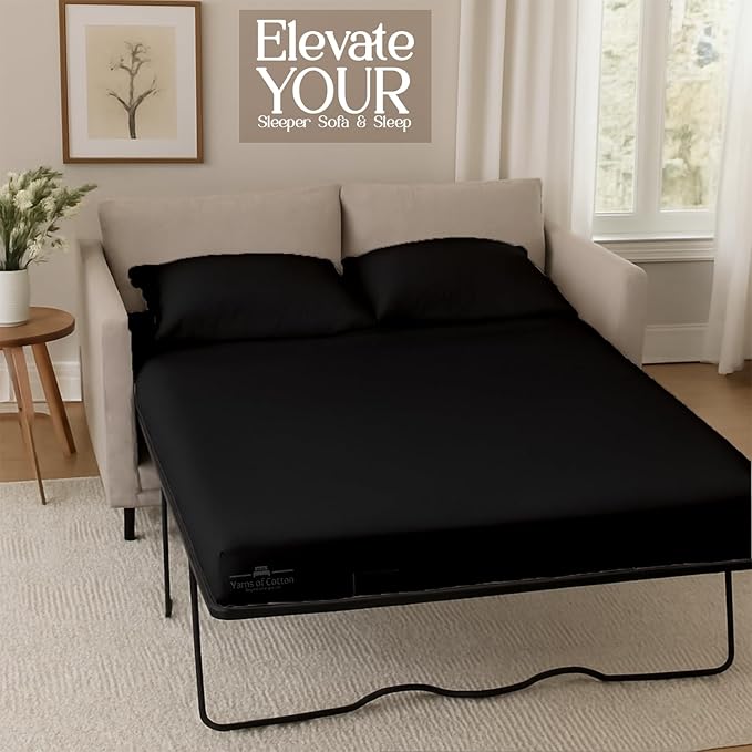 Sleeper Sofa 4 Piece Bed Sheet Set Premium Quality 100% Cotton 500 Thread Count, Smooth & Super Soft Sateen Weave, Extra Soft Bed Sheets, Wrinkle Free, 4 Inch Deep Pocket (Twin, Black)