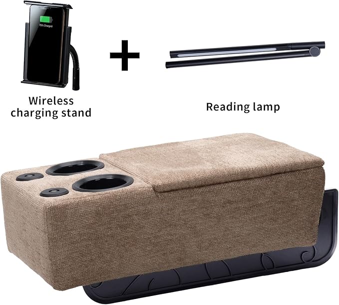 Removable Sofa Armrest with Cup Holder, PU Leather Multifunctional Couch Caddy Storage Arm Rest with Power Wireless Charging Stand & LED Reading Light for Sofa Middle Seat Adjustable