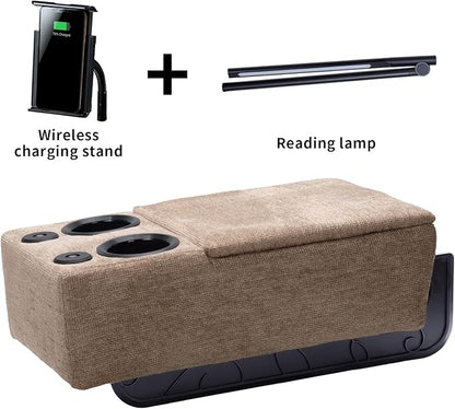 Removable Sofa Armrest with Cup Holder, PU Leather Multifunctional Couch Caddy Storage Arm Rest with Power Wireless Charging Stand & LED Reading Light for Sofa Middle Seat Adjustable