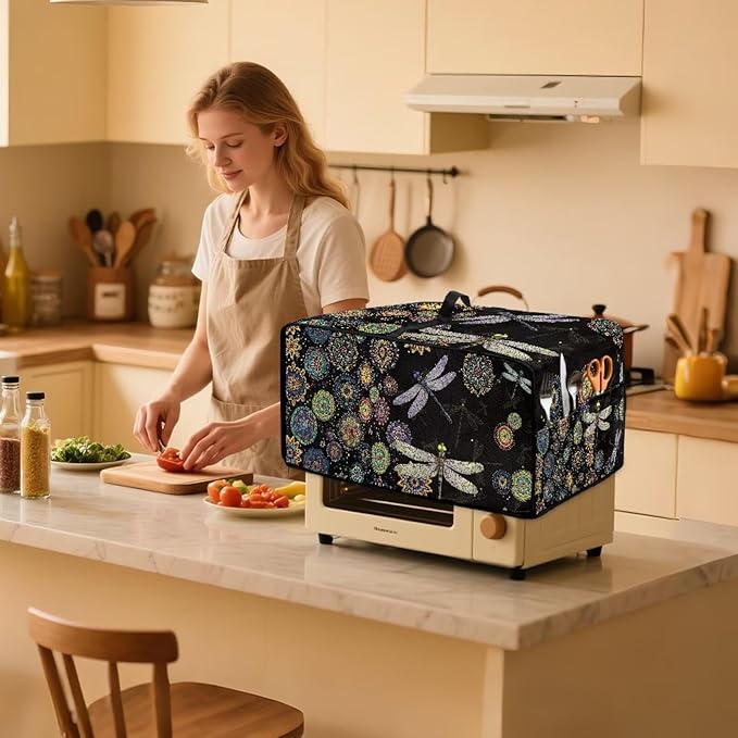 Boho Mandala Dragonfly Print Toaster Oven Cover Dust-Proof Microwave Oven Cloth Cover with Storage Pockets Waterproof Kitchen Machine Covers Case Protections Protector, L