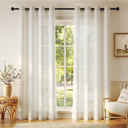 Anmao Flax Linen Curtains for Living Room 54 Inch Length 2 Panels Set, Light Filtering Sheer Window Curtain Drapes for Bedroom with Nickel Grommet, 52 Inch Wide Each Panel, Ivory Color