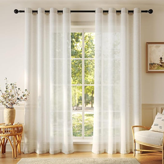 Anmao Flax Linen Curtains for Living Room 72 Inch Length 2 Panels Set, Light Filtering Sheer Window Curtain Drapes for Bedroom with Nickel Grommet, 52 Inch Wide Each Panel, Ivory Color