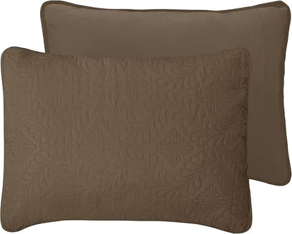 Easy-Going Full/Queen Size Reversible Quilt Set with 1 Quilt and 2 Pillow Shams, Soft Bed Quilt Cover, Water Resistant Lightweight Microfiber Bedspread, Stain Resistant, Olive Leaf-Camel/Ivory