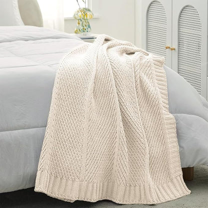 Amélie Home Chevron Chenille Knit Throw Blanket for Couch, Cozy Texture Decorative Soft Blanket for Sofa & Chair, 50"x60", Ivory