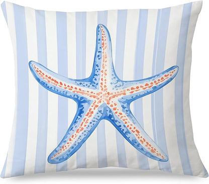 Coastal Beach Starfish Pillow Covers 18x18, Preppy Beachy Room Decor, Preppy Blue and White Striped Starfish Throw Pillow Covers for Bedroom Beach House Home