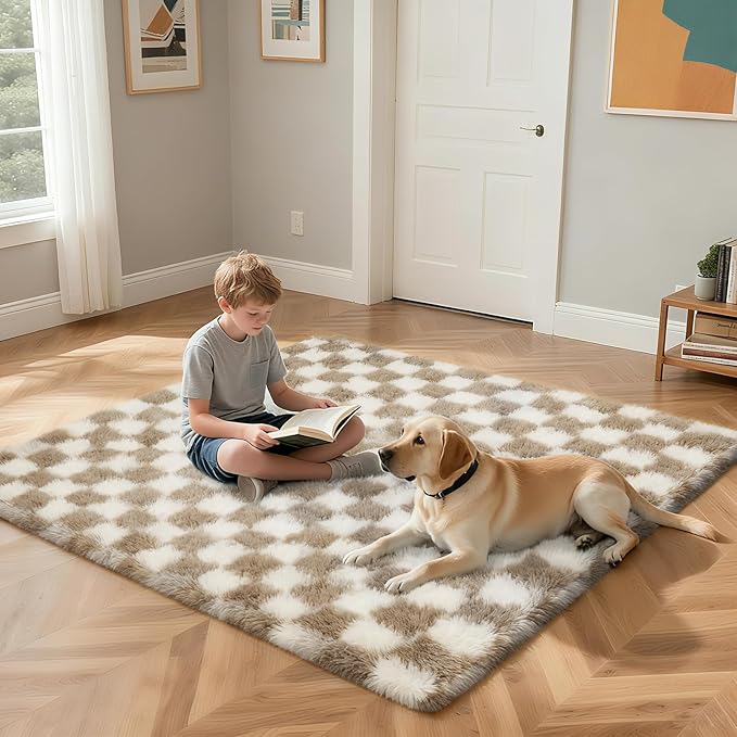 Checkered Rug for Living Room, 9x12 Beige and White Area Rugs, Classic Checkered Carpets Shaggy Area Rug, Bedside Rugs for Living Room Bedroom Kids Room Home Decor