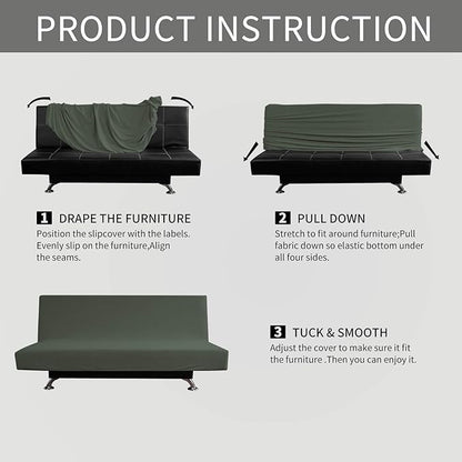 Easy-Going Stretch Futon Slipcover Armless Futon Bed Cover Furniture Protector Without Armrests with Elastic Bottom for Kids, Soft Jacquard Fabric Small Checks (Large, Olive Green)