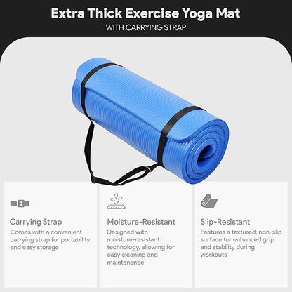 BalanceFrom GoCloud 71x24 Inches Extra Thick Yoga Mat 1-Inch High-Density Foam – Roll-Up Exercise Pad with Double-Sided Non-Slip Surface and Carrying Strap for Pilates and Home Workouts