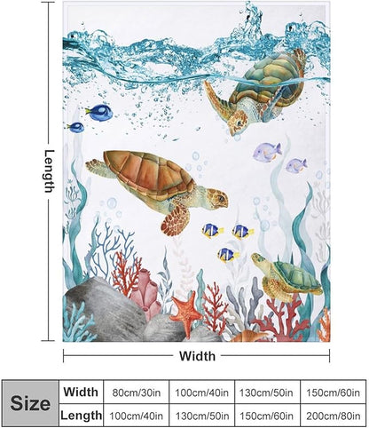 Sea Turtle Throw Blanket, Teal Blue Ocean Underwater Animal Starfish Fish Nautical Coastal Theme Fleece Flannel Blanket for Couch Sofa Bedroom Adults Kids, 50"x60"