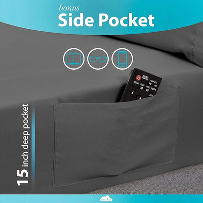DREAMCARE Full Size Sheets - Cooling Bed Sheets - 4pcs Set - up to 15" Deep Pocket Full Sheet Set - Sheets Full Size Bed - Soft & Long Lasting 100% Fine Brushed Polyester with Side Pocket - Dark Gray