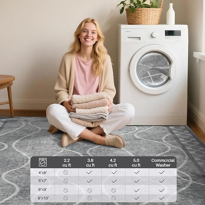 Area Rugs 6x9 Washable Rug, Non-Slip Rugs for Living Room, Low Pile Bordered Rugs Alfombras, Large Print Rubber Backing Indoor Carpet for Home Decor Bedroom Nursery Dining Room, Light Grey
