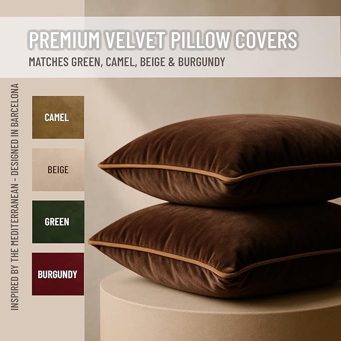 2 Pack Velvet Decorative Throw Pillow Covers, 12"x20", Brown and Camel, Solid, Modern, Contrast Piping, Indoor Use, Bedroom & Living Room