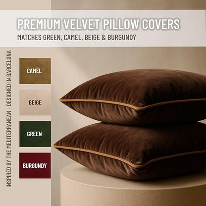 2 Pack Velvet Decorative Throw Pillow Covers, 12"x20", Brown and Camel, Solid, Modern, Contrast Piping, Indoor Use, Bedroom & Living Room