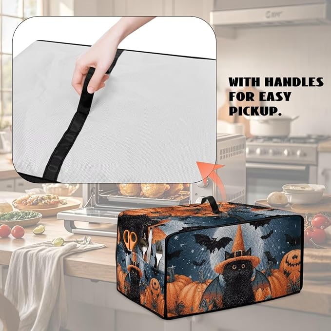 Bat Cat Pumpkin Moon Print Toaster Oven Cover Dust-Proof Microwave Oven Grill Cover Protector with Top Handle Reusable Reusable Kitchen Accessories for Halloween Decor, S