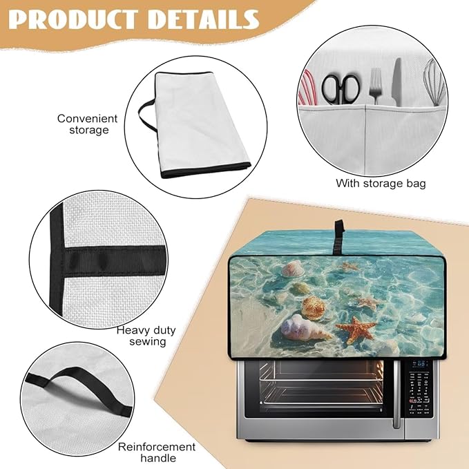Toaster Oven Cover Washable Small Kitchen Appliance Dust Cover with Pockets, for Air Fryer Toaster Ovens, Microwaves, M, 16.5 x 20.5 x 10 Inches, Blue Beach Starfish Seashell Conch Whelk