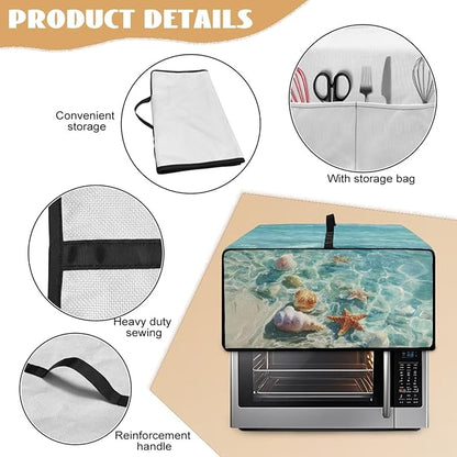 Toaster Oven Cover Washable Small Kitchen Appliance Dust Cover with Pockets, for Air Fryer Toaster Ovens, Microwaves, M, 16.5 x 20.5 x 10 Inches, Blue Beach Starfish Seashell Conch Whelk