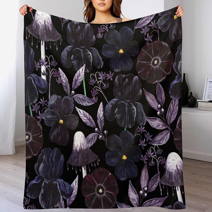 Gothic Floral Blanket, Vintage Abstract Black Purple Peony Flowers Mushroom Print Throw Blanket for Room Bedding Couch Decor Soft Lightweight Warm Cozy, 30"x40"