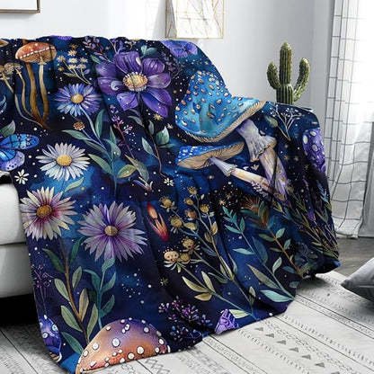 Cute Whimsical Mushroom Throw Blanket Aesthetic Dark Botanical Florals Throw,Witchy Gifts for Women,Gothic Gifts,Soft Cozy Warm Moth Witchy Plush Blanket Throw for Women Girls Mom 70"x80"