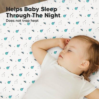 2-Pack Mini Crib Sheets Fitted - 38x26 Pack N Play Sheets for Pack and Play Mattress, Organic Cotton, Soft & Breathable Playard Bedding, Neutral Mini Toddler Bed Cover for Boys, Girls (Space Quest)