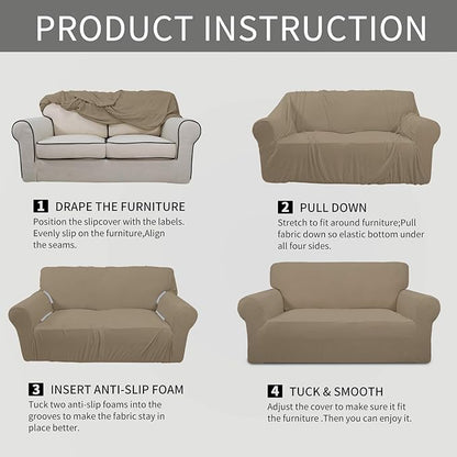 Easy-Going Stretch 4 Seater Sofa Slipcover 1-Piece Sofa Cover Furniture Protector Couch Soft with Elastic Bottom for Kids, Polyester Spandex Jacquard Fabric Small Checks Natural