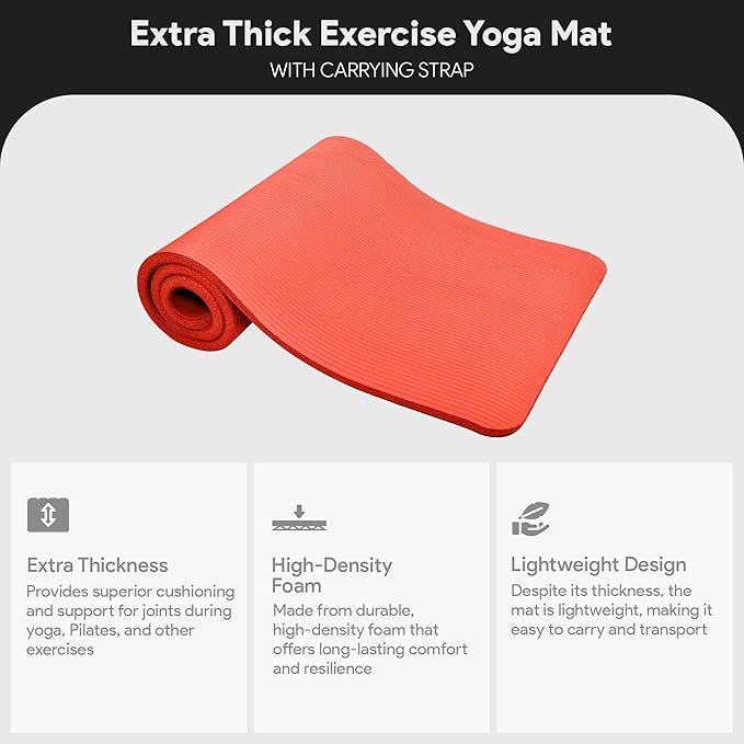 BalanceFrom GoCloud 71x24 Inches Extra Thick Yoga Mat 1-Inch High-Density Foam – Roll-Up Exercise Pad with Double-Sided Non-Slip Surface and Carrying Strap for Pilates and Home Workouts