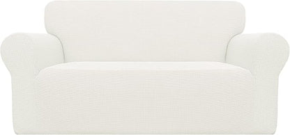 Easy-Going Stretch Loveseat Slipcover 1-Piece Sofa Cover Furniture Protector Couch Soft with Elastic Bottom for Kids Polyester Spandex Jacquard Fabric Small Checks (Loveseat, Cream)