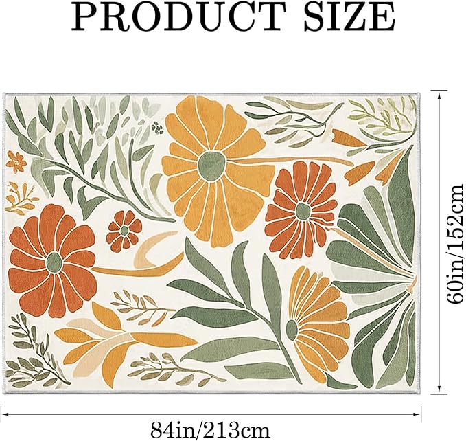 9CH Floral Botanical Aesthetic Area Rugs 7' X 5' Green Terracotta Abstract Flowers Plants Carpets Non-Slip Soft Boho Modern Rug for Bedroom Dining Living Room Kitchen