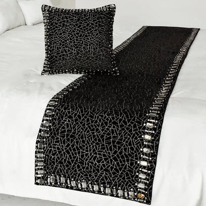 The HomeCentric King/Queen/Twin Black Decorative King 90"x18" Bed Runner Without Pillow Cover, Mosaic & Crystal Bed Scarf on Velvet Fabric - Mosaic Noir