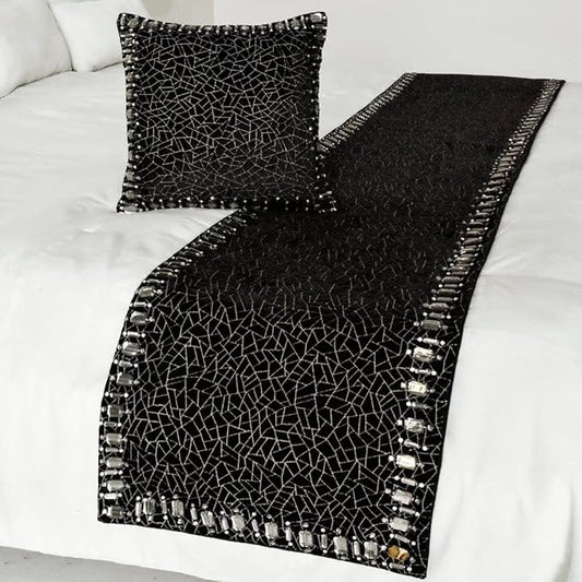 The HomeCentric King/Queen/Twin Black Decorative King 90"x18" Bed Runner with Pillow Cover, Mosaic & Crystal Bed Scarf on Velvet Fabric - Mosaic Noir