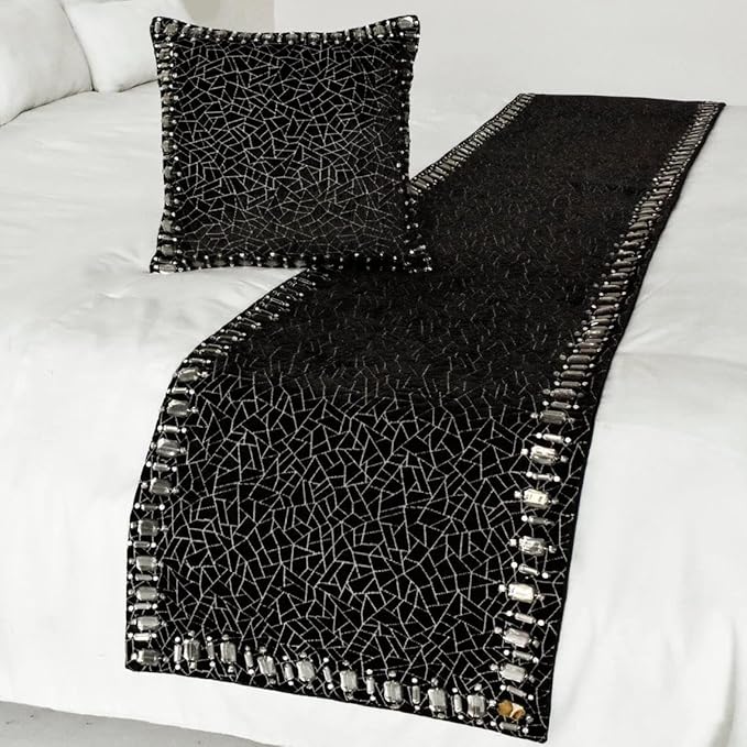 The HomeCentric King/Queen/Twin Black Decorative Full 68"x18" Bed Runner with 2 Pillow Cover, Mosaic & Crystal Bed Scarf on Velvet Fabric - Mosaic Noir