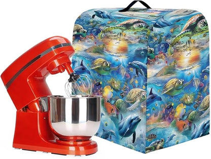 Ocean Dolphin Turtle Print Mixer Cover Stand Mixer Dust Proof Covers with Handle and Front Pockets Kitchen Aid Mixer Cover for 6-8 Qt Mixer,Kitchen Coffee Maker Toaster Machine Dust Cover