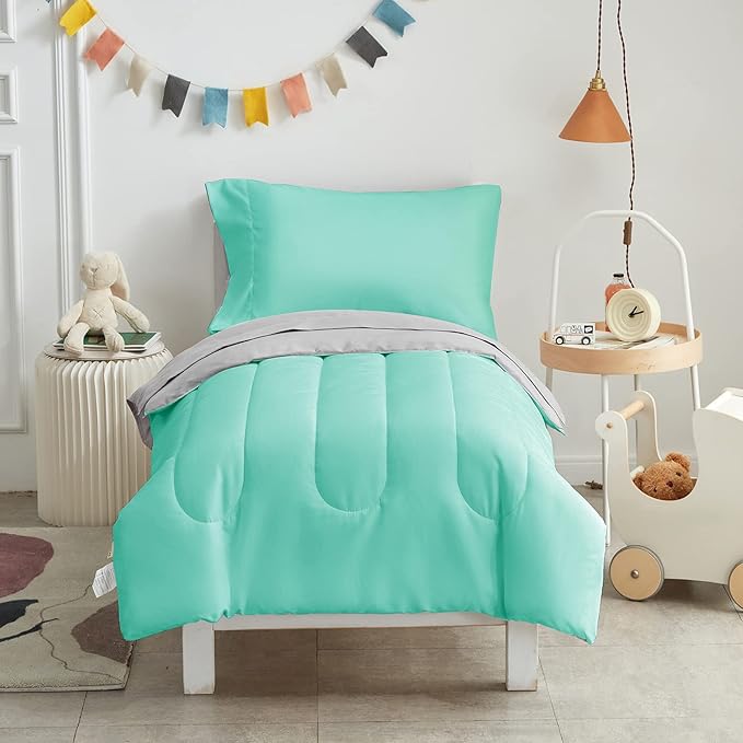 UOZZI BEDDING 4 Pieces Toddler Bedding Set Ultra Soft and Breathable Toddler Sheet Set - Includes Comforter, Flat Sheet, Fitted Sheet and Pillowcase - Teal/Green & Gray