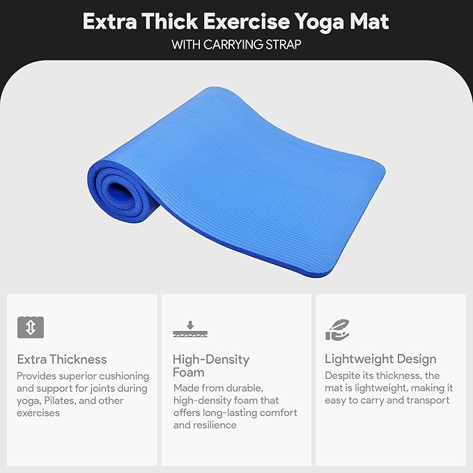 BalanceFrom GoCloud 71x24 Inches Extra Thick Yoga Mat 1-Inch High-Density Foam – Roll-Up Exercise Pad with Double-Sided Non-Slip Surface and Carrying Strap for Pilates and Home Workouts