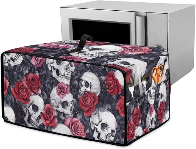 Skull Red Rose Print Microwave Oven Dust Cover Toaster Oven Cover with Top Handle Dust-Proof Kitchen Appliance Protector Dirt and Fingerprint Protection, S