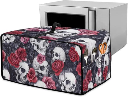 Skull Red Rose Print Microwave Oven Dust Cover Toaster Oven Cover with Top Handle Dust-Proof Kitchen Appliance Protector Dirt and Fingerprint Protection, S
