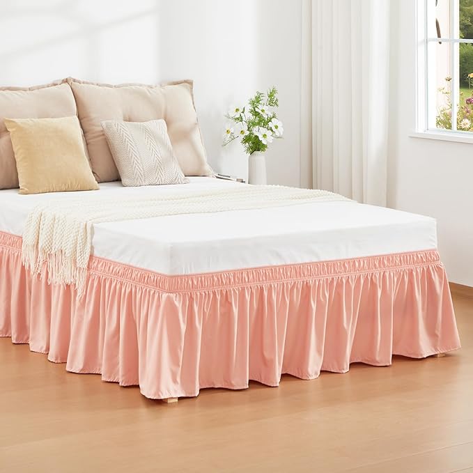 RIMELA Peachy Coral Bed Skirt King Size 18 Inch Drop, Elastic Bed Skirting for Bed Base and Frame, Bedding Dust Ruffle Easy to Install, Wrap Around Adjustable Bedskirt