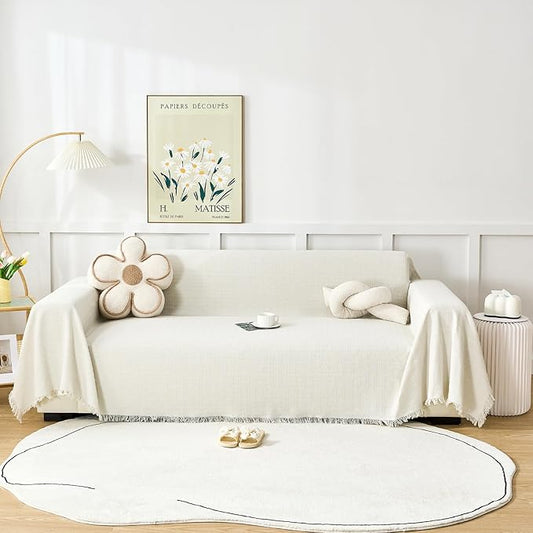 White Couch Cover Blanket Cute Geometrical Jacquard Washable Sofa Cover for Extra Large Furniture for 3 Cushion Sofa L Shaped Sectional Couch Blanket 71"x 118"