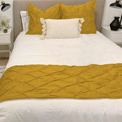 Bed Runner Set - 100% Pure Cotton 800 Thread Count - Luxury 1 Pinch Pleated Bed Runner and 2 Pillow Cover - 3 Piece Pinch Pleated Bed Runner Set Twin, Gold