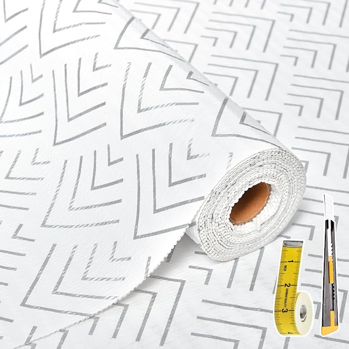 Shelf Liner for Kitchen Cabinets Non Adhesive Drawer Liner Non-Slip Thickened Shelf Liner Paper Strong Easy to Clean for Tool Box Refrigerator with Knife and Tape Measure,Silver Arrow,17.3 x 236.2 in