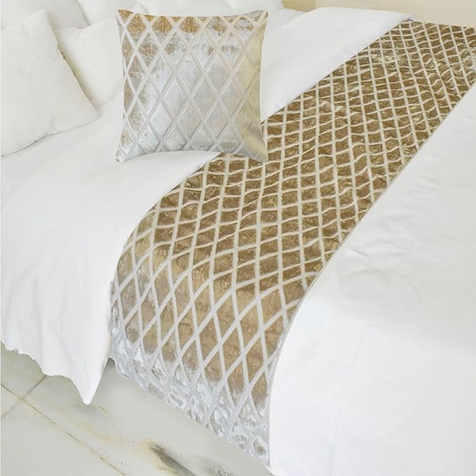 The HomeCentric King/Queen/Twin Ivory Decorative Bed Runner Full 68"x18" Bed Runner with Two Pillow Cover, Diamond Pattern, Velvet Cut Bed Scarf on Velvet Fabric - Ivory Velvet Verve