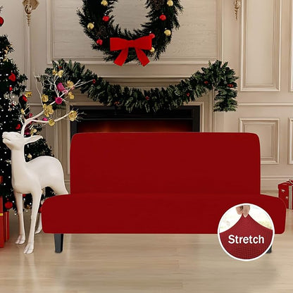 Easy-Going Stretch Futon Slipcover Armless Futon Bed Cover Furniture Protector Without Armrests with Elastic Bottom for Kids, Soft Jacquard Fabric Small Checks (Large, Christmas Red)