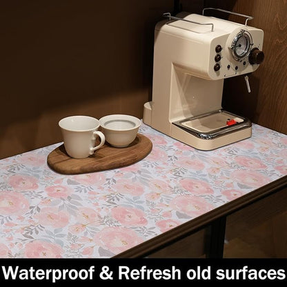 Floral Shelf and Drawer Liner for Kitchen,12IN x 20FT Non-Adhesive and Strong Non-Slip Peony Cabinet Drawer Liners for Kitchen Shelf, Waterproof Cupboard Liners,Easy to Clean