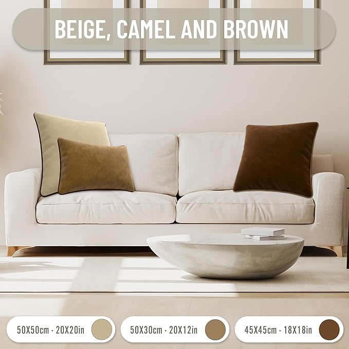 Set of 2 Decorative Throw Pillow Covers Cushion Cases. Soft Velvet. Contrast Pipping Edge. Filling Not Included. (12x20in, Camel/Beige)