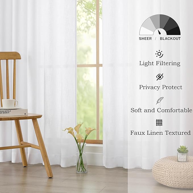Simplebrand White Faux Linen Textured Semi Sheer Curtains 108 Inches Long 2 Panels for Living Room, Privacy Extra Long Light Filtering Farmhouse Thick Window Drapes for Large Window, 50 x 108 Inch