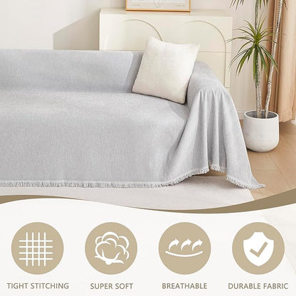 MYSKY HOME Light Gery Chenille Sofa Cover for Dogs Cats Tassel Edge Couch Cover Furniture Protectors for Pets Universal Couch Cover Thick Durable Sectional Couch Covers for 3 Cushion Couch, 71"x 134"