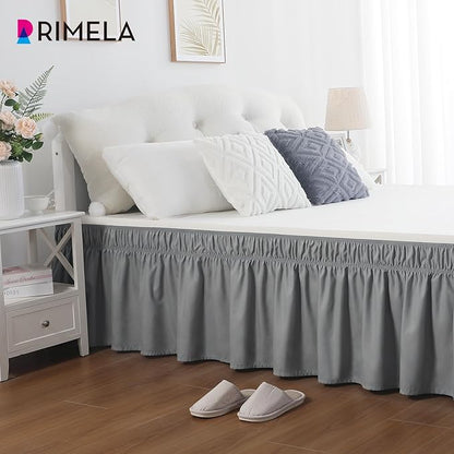 RIMELA Light Grey Bed Skirt King Size 12 Inch Drop, Elastic Bed Skirting for Bed Base and Frame, Bedding Dust Ruffle Easy to Install, Lightweight Wrap Around Adjustable Bedskirt